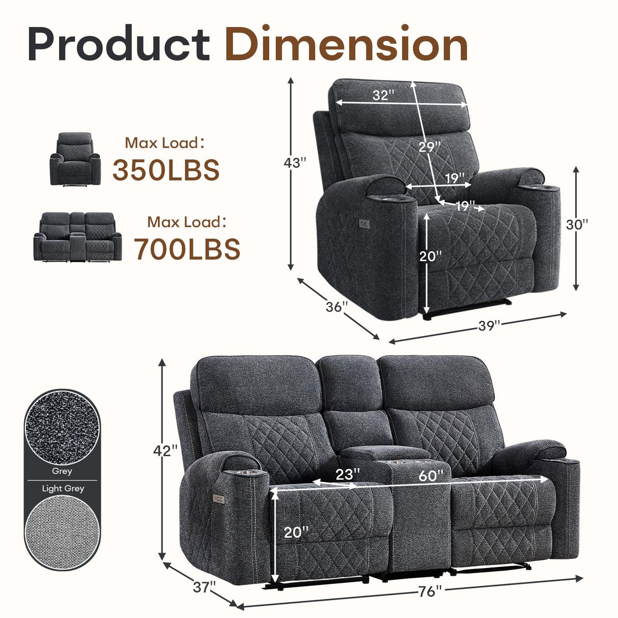 HAOMARKETS 2-Piece Power Recliner Sofa Set with Charging Port, Include Single Recliner Chair and 2-Seater Loveseat Reclining Couch with Hidden Storage and Cup Holders for Living Room, Dark Grey HAOMARKETS
