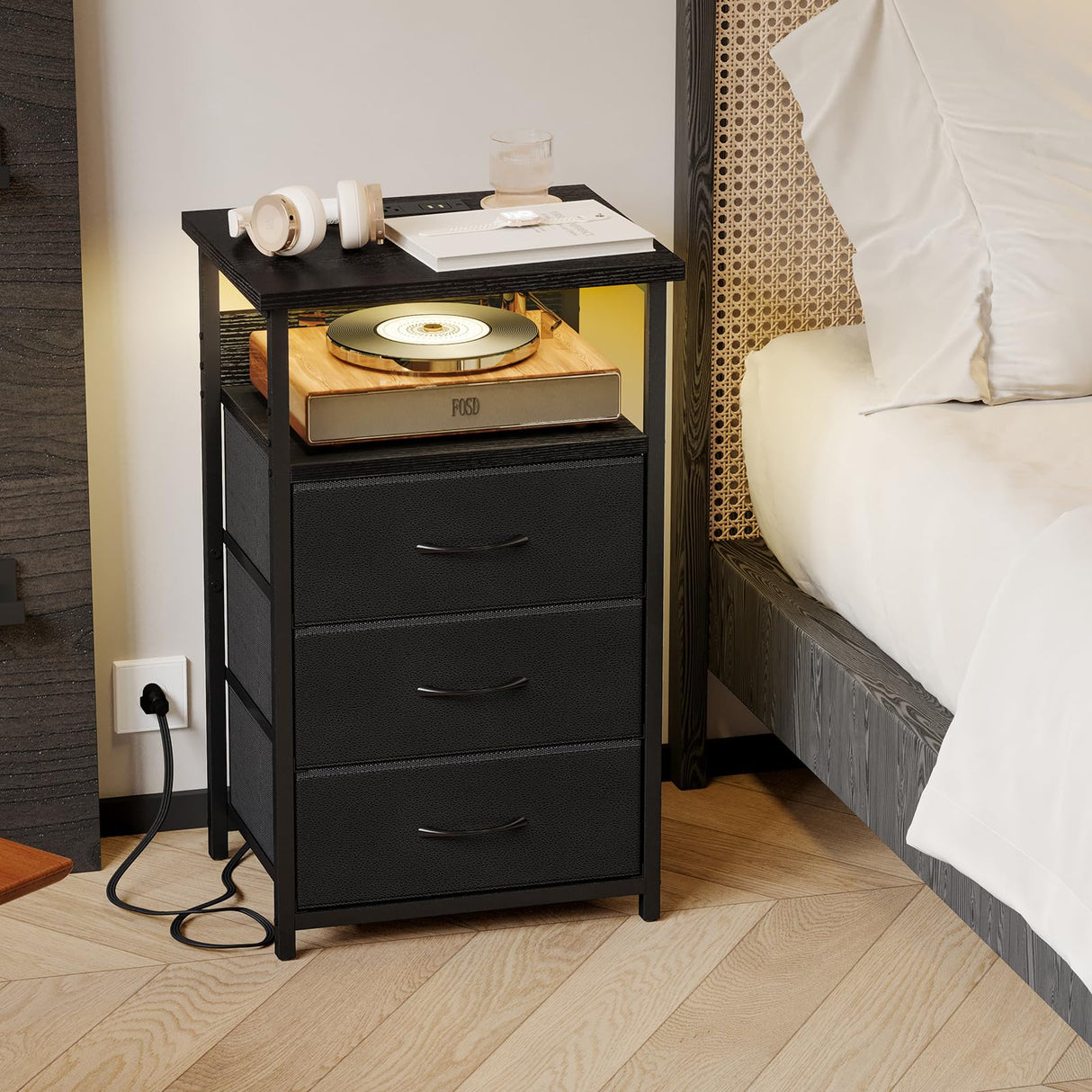 Fixwal Night Stand with Charging Station, LED Nightstand with USB Ports and Outlets, 3 Fabric Storage Drawers with PU Finish, Bed Side Table for Bedroom, Living Room, Black Fixwal
