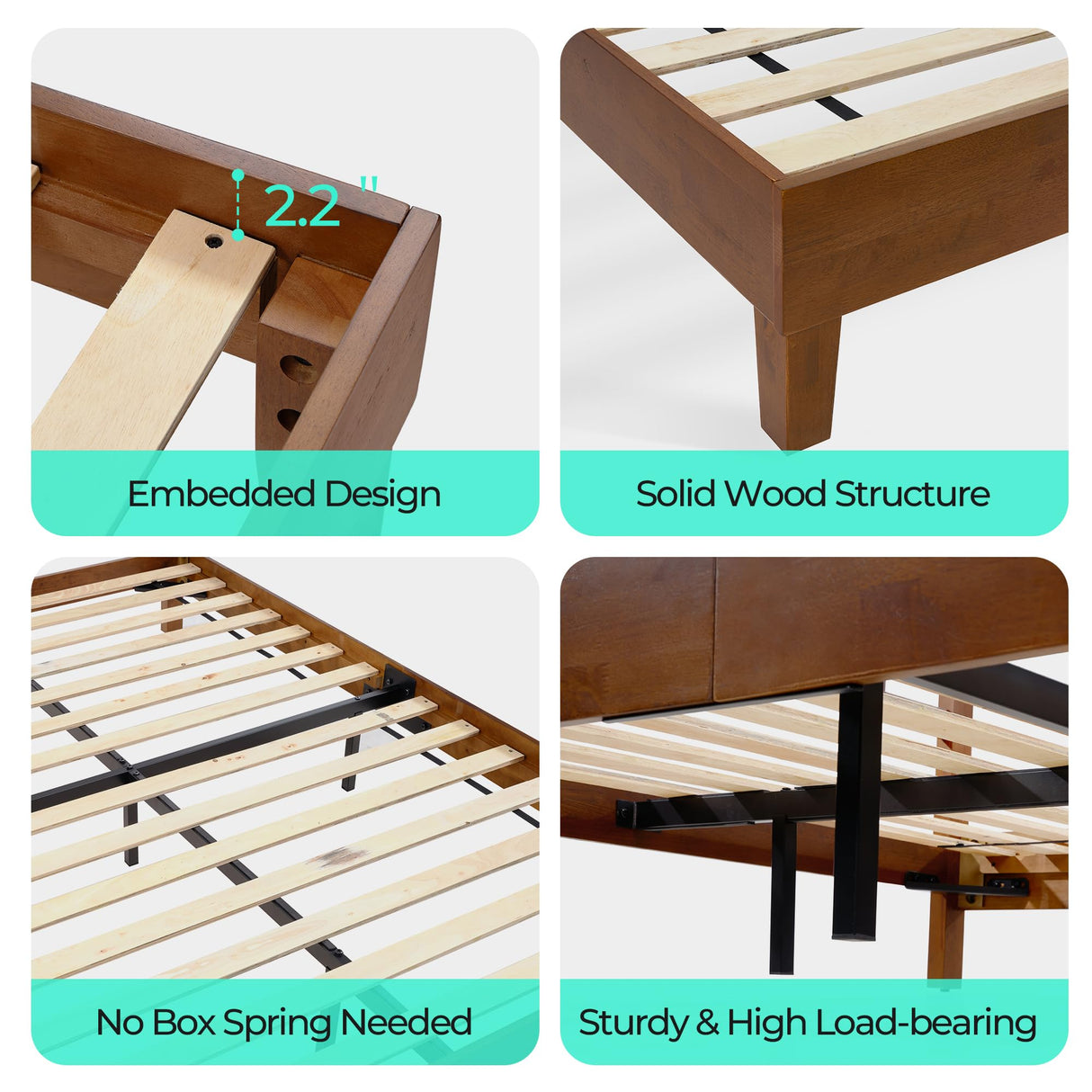 LINSY Queen Bed Frame, Wood Platform Bed Frame with headboard, Solid Wood Bed with Wood Slat Support, No Box Spring Needed, Easy Assembly, Walnut, Queen LINSY