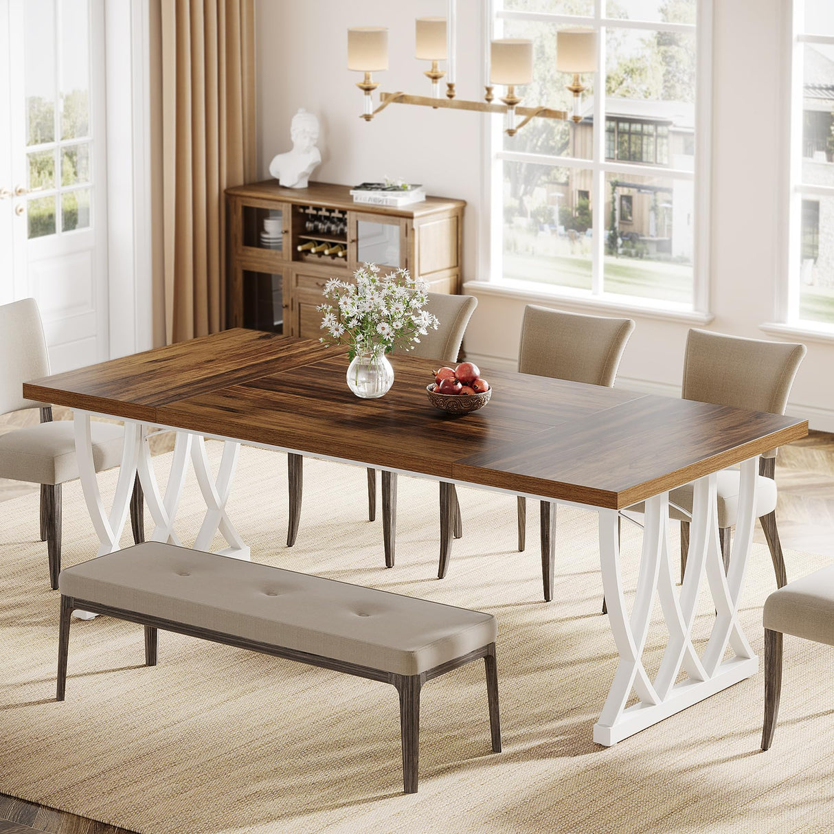 Tribesigns Dining Table for 6-8 People, 70.86-Inch Rectangle Wood Kitchen Table, Dinner Table with Heavy Duty Metal Frame for Kitchen, Living Room (Retro Brown & White, Without Chair) Tribesigns