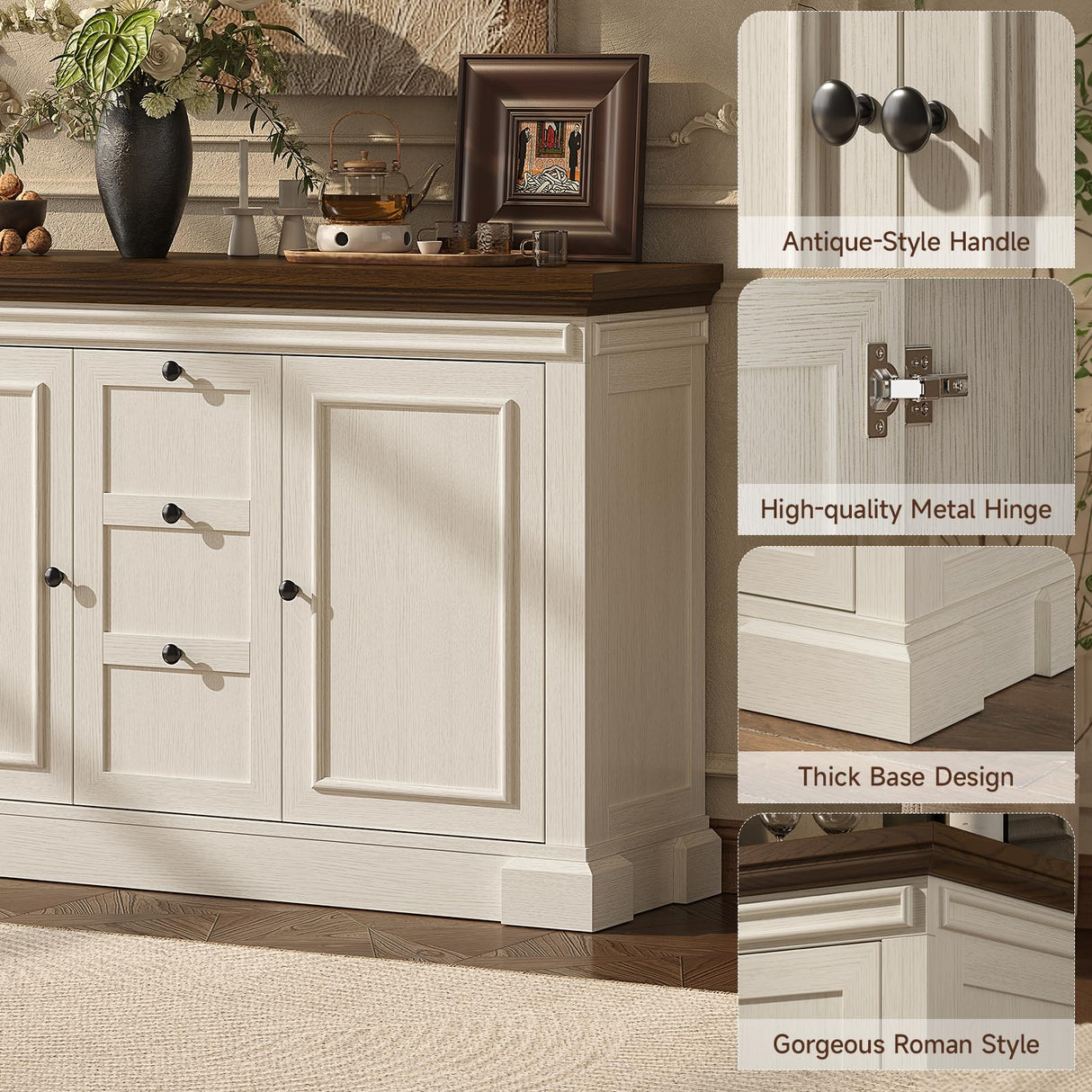 48 Inches Buffet Cabinet with Storage, 34" Tall Farmhouse Sideboard Buffet with 3 Drawers and 2 Doors, Wood Coffee Bar Cabinet with Adjustable Shelves, Credenza for Kitchen, Living Room, Antique White ONBRILL