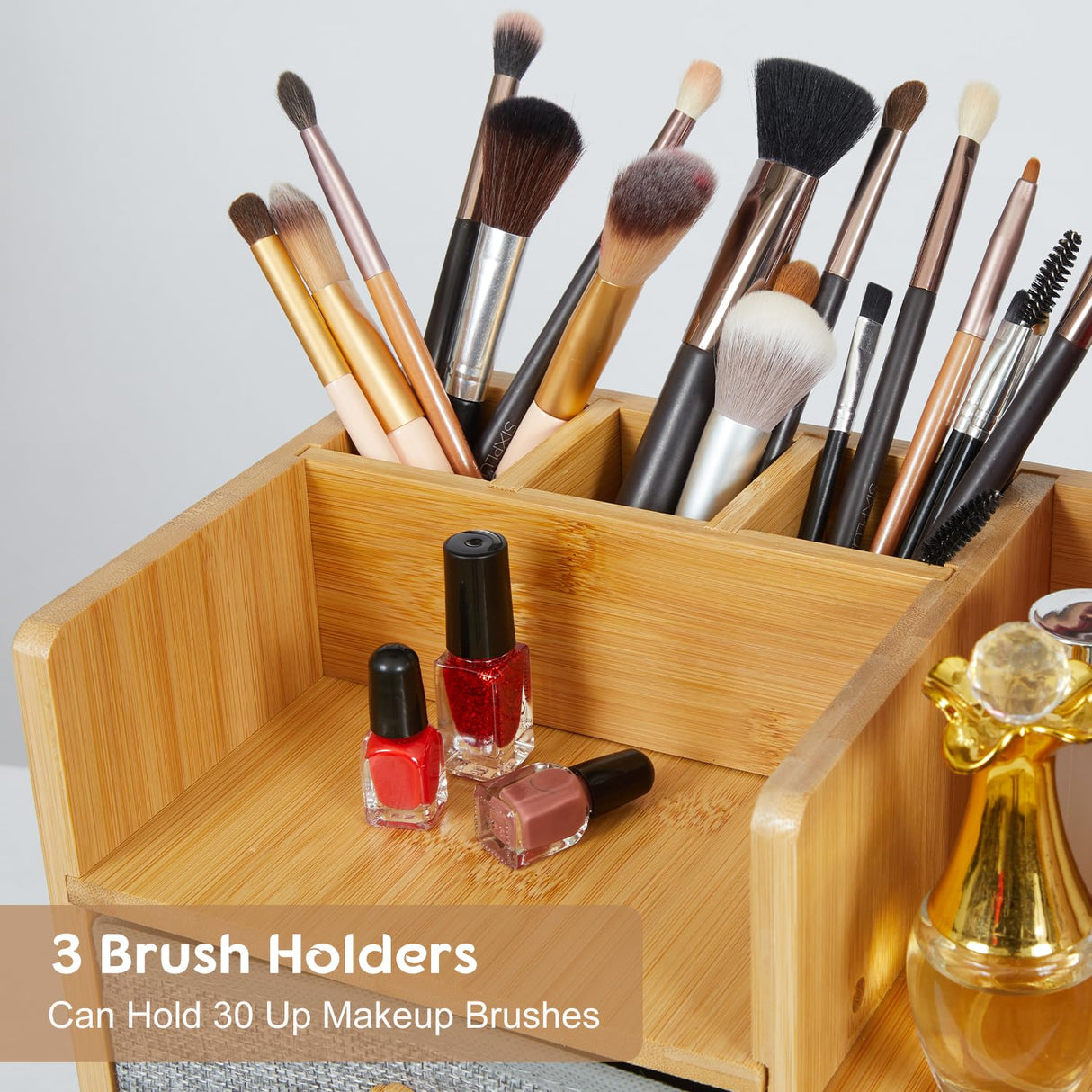 Makeup Organizer Countertop, Cosmetic Skincare Organizers With 3 Makeup Brush Holders/3 Drawers/7 Storage Shelves, Elegant Bamboo Make Up Storage Organizers Holder For Counter Vanity Dresser Bathroom X-cosrack