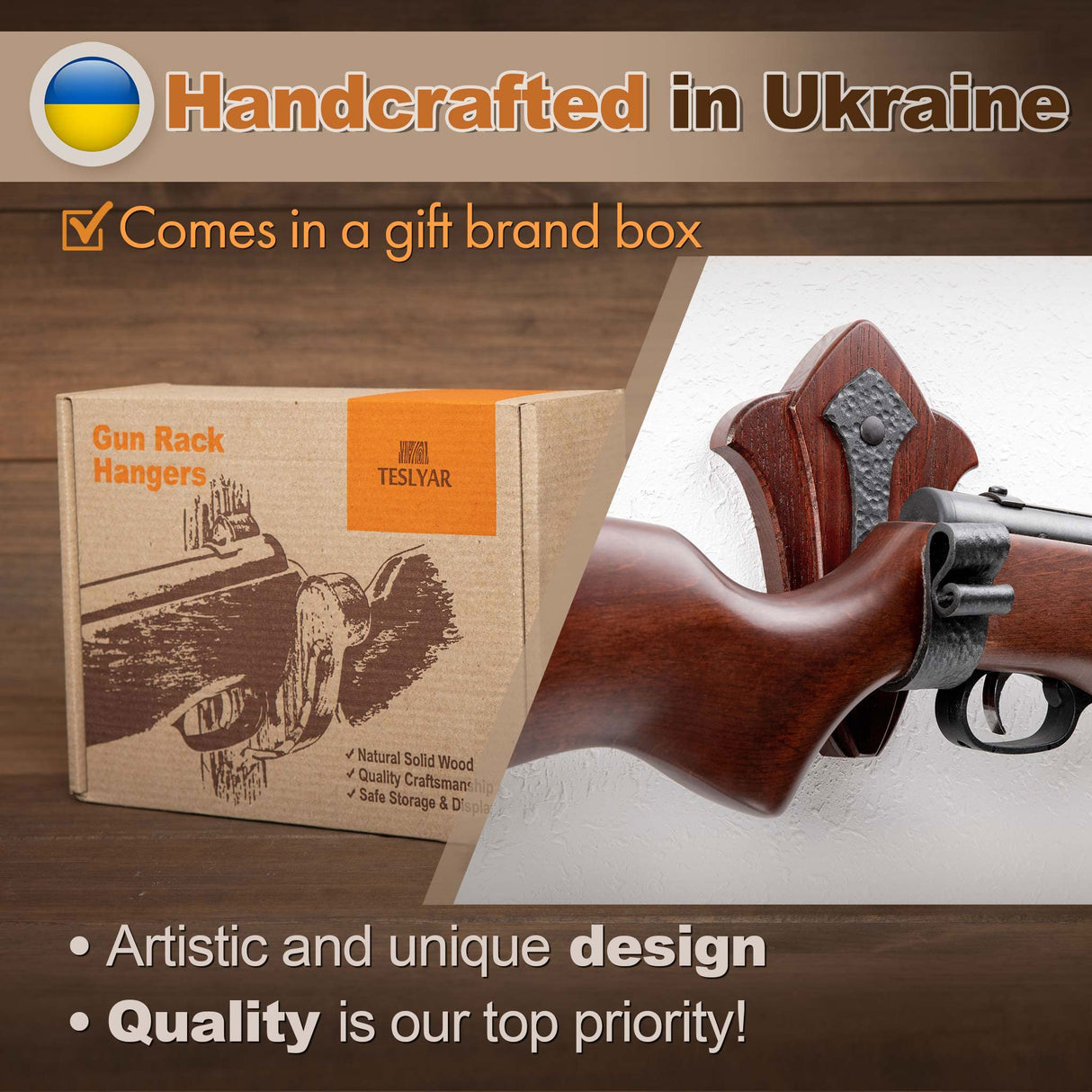 TESLYAR Gun Holder Wall Mount Ash Wood Wooden Gun Hanger Hook Stand Rack Gun Hanger Hardwood TESLYAR