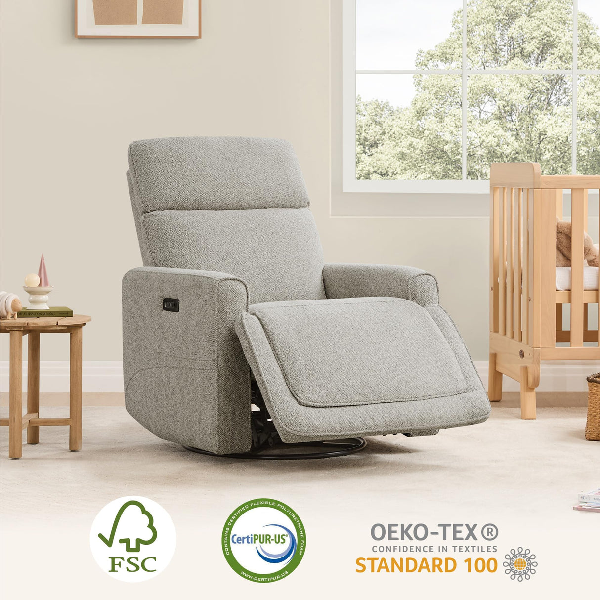 CHITA Electronic Power Recliner Chair Swivel Glider, FSC Certified Modern Nursery Rocking Chair with USB and Type-C Ports, Light Grey CHITA