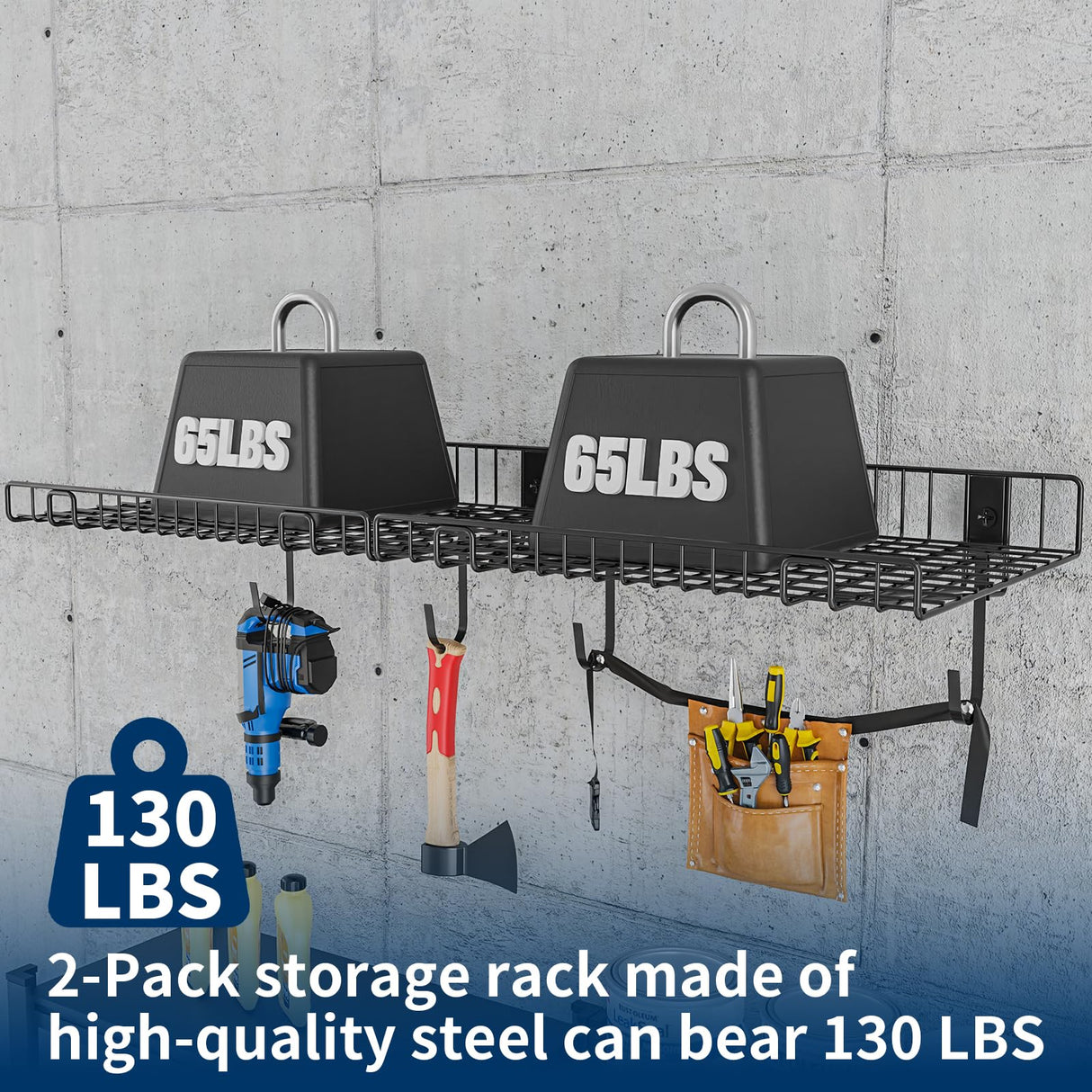 2 Pack Garage Wall Shelf, Wall Mounted Storage Shelves, Heavy Duty Metal Shelves for Room Wall, Loads 130 LBS Floating Shelves Mesh Storage Rack for Garage, Office, Basement,Wall Cabinet and Kitchen Riciakik