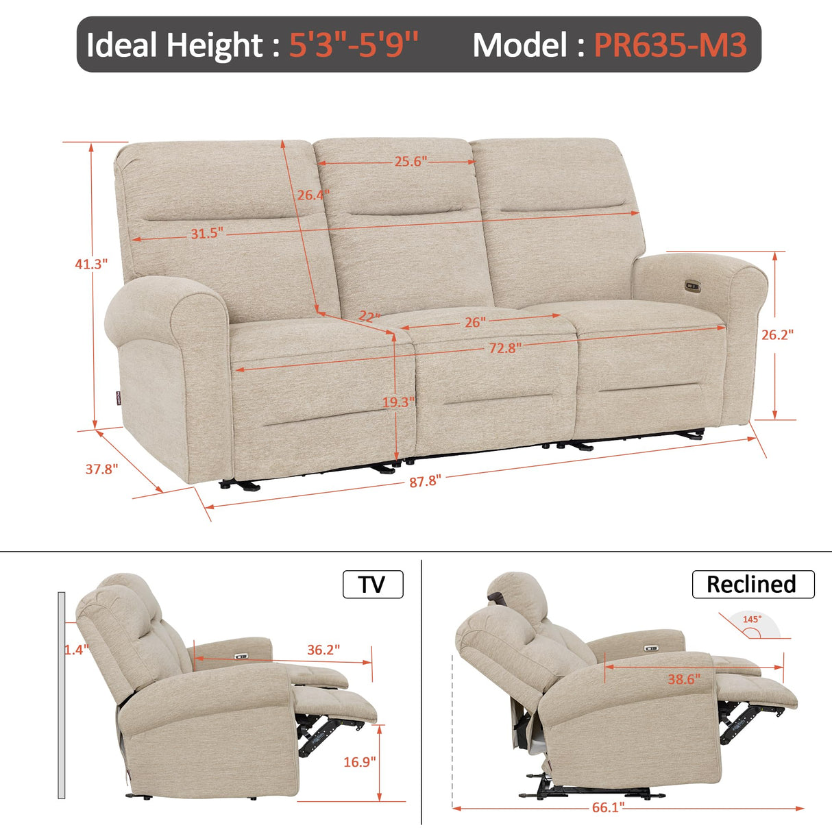 MCombo 87.8" Wall Hugger Power Reclining Sofa with Drop Down Table, 3-Seater Recliner Couch for Small Spaces Living Room RV, USB Ports, Fabric PR635M3 (Beige) MCombo