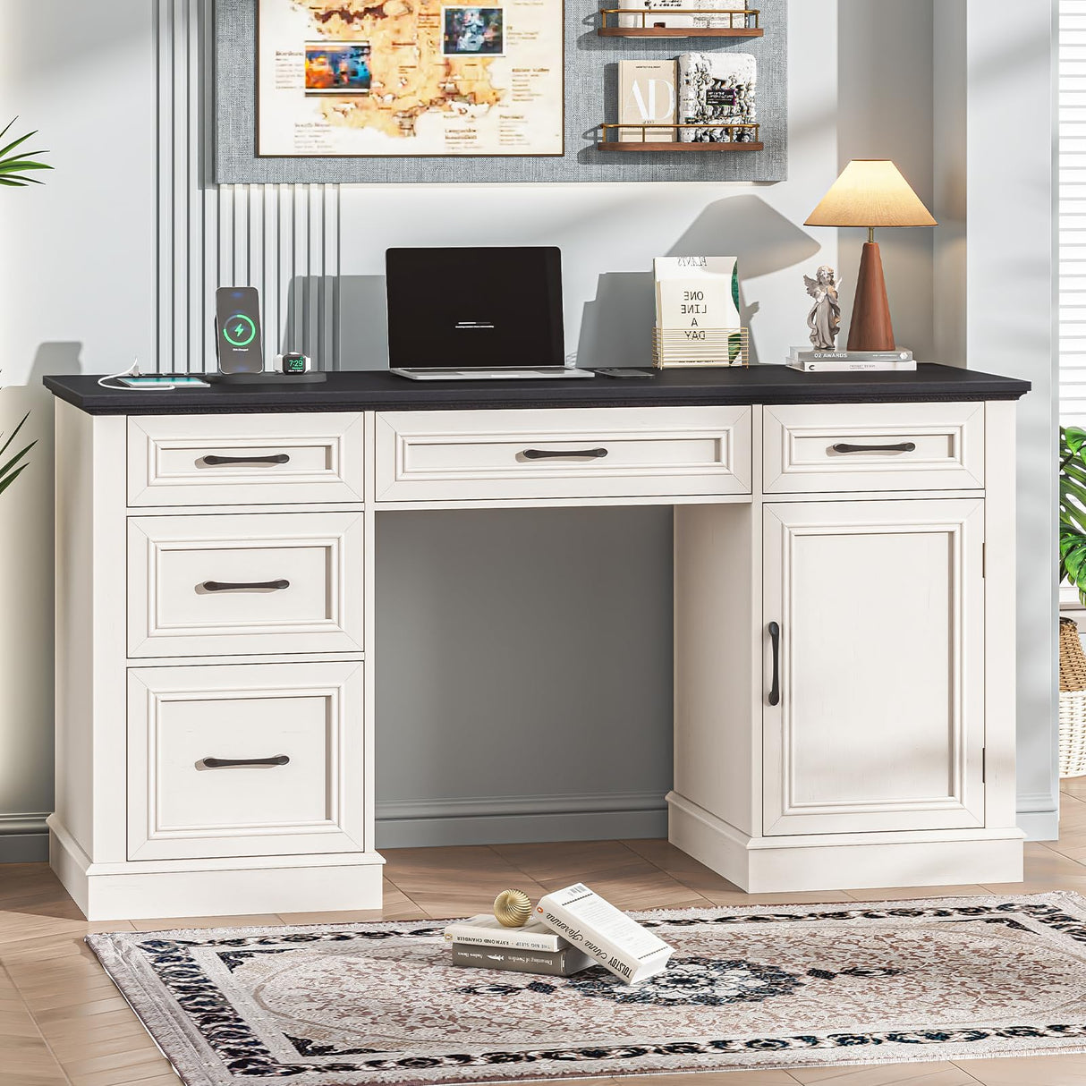 Farmhouse 59'' Executive Desk with Charging Station,Office Desks Computer Desk with 5 Drawers, Wood Workstation for Home Office and Study, File Drawers and Storage Cabinet, Black Vabches