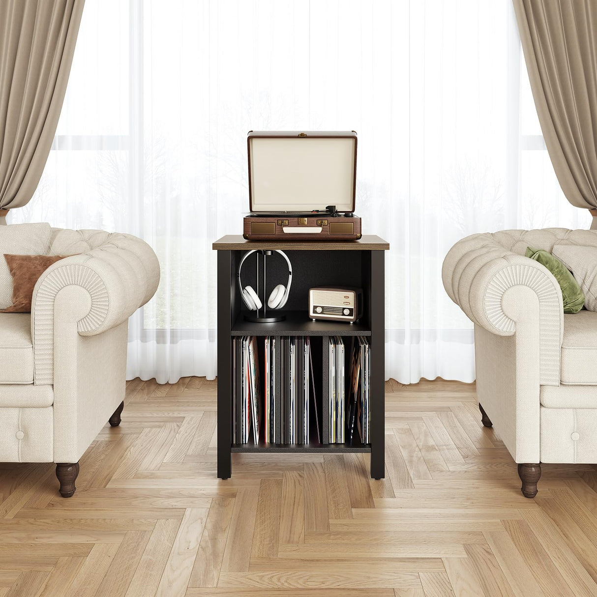 Record Player Stand, Vinyl Record Storage Table End Table with Display Shelf Holds up to 130 Albums, Large Nightstand Wood Turntable Stand Cabinet Side Table for Living Room, Bedroom, Black LIDYUK