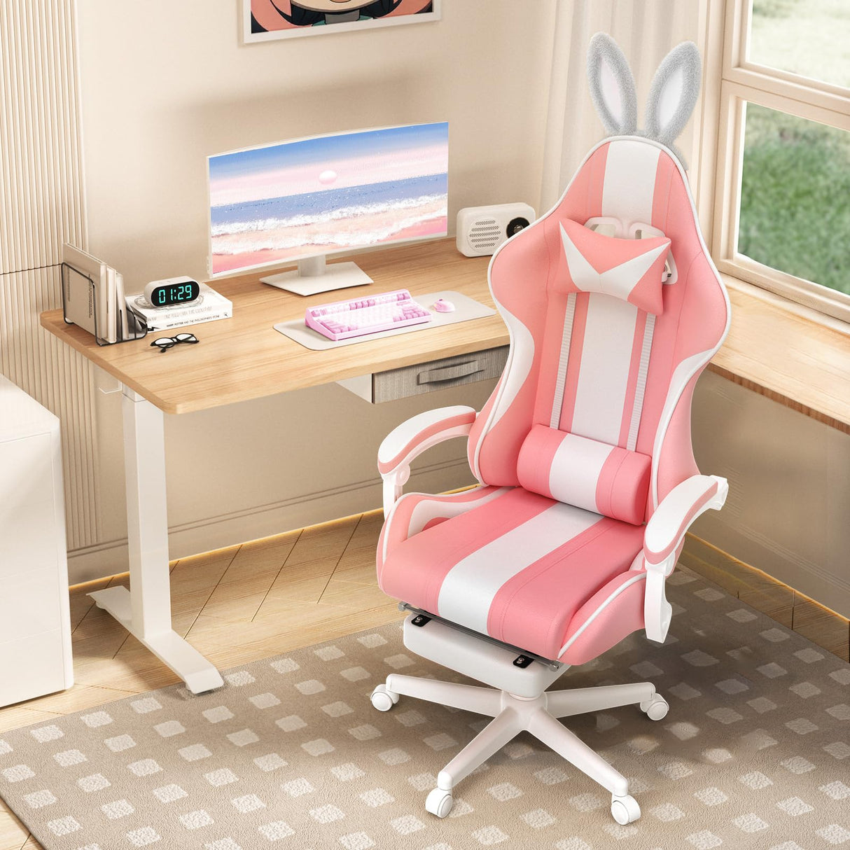 Ferghana Kawaii Pink Gaming Chair with Bunny Ears, Ergonomic Cute Gamer Chair with Footrest and Massage, Racing Reclining Home Computer Game Chair for Girls Adults Teens Kids Ferghana