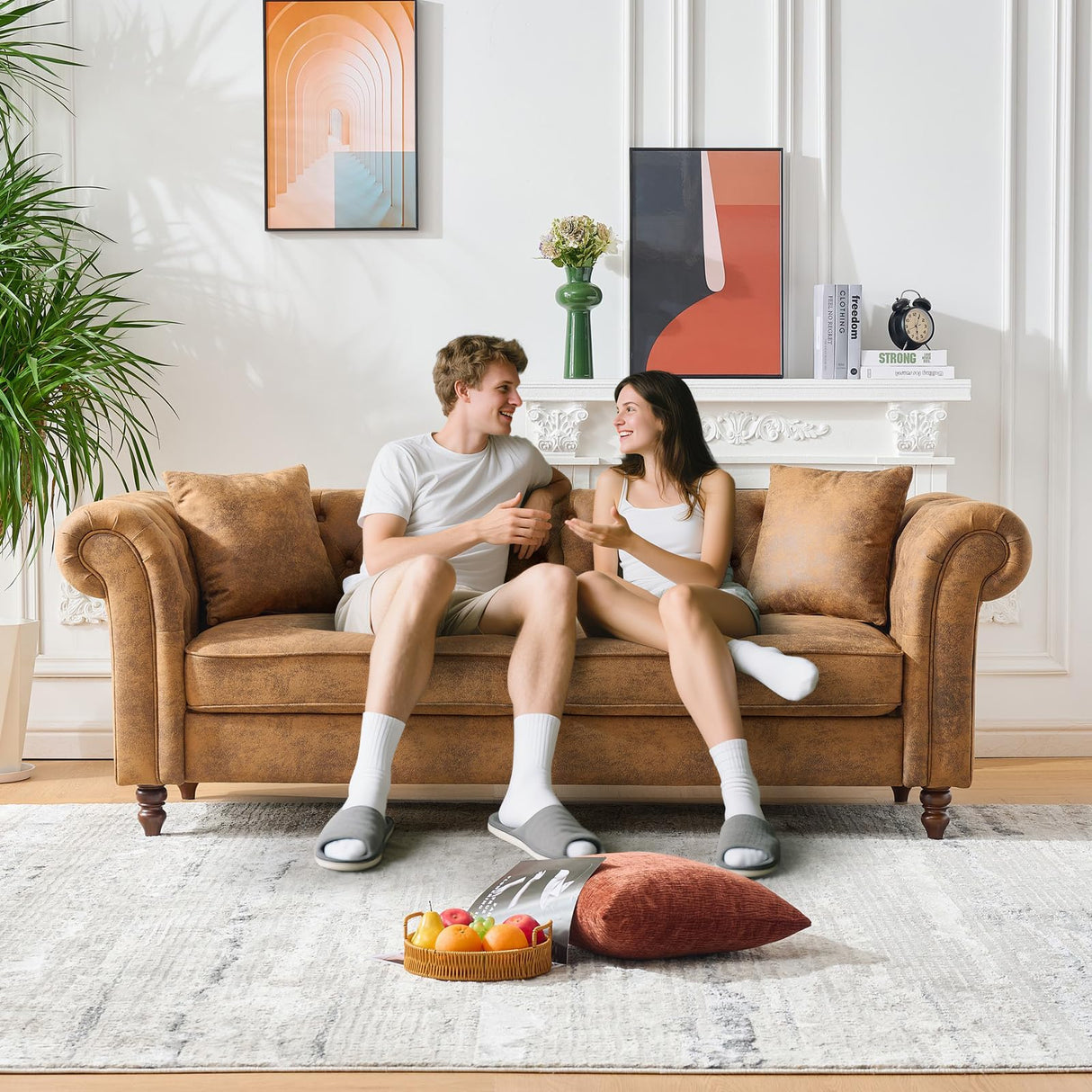 Mid Century Modern Faux Leather Couch Set of 2, Tufted Couch and Loveseat Set muebles para la sala Comfy Chesterfield Upholstered Office Furniture Living Room Sofa Set 2 Piece (Brown, 3+3 Seater) SLEERWAY