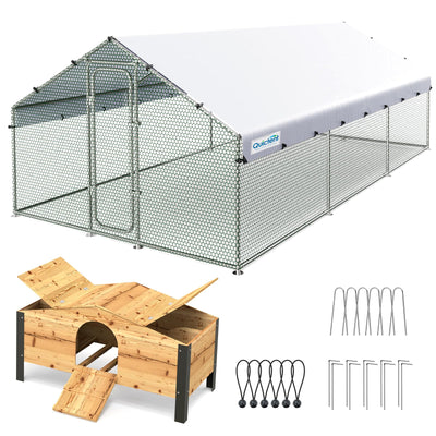Quictent Large Metal Chicken Coop Run W/Nesting Box for 30+ Poultry with Heavy Duty Wire Mesh and Waterproof Roof Cover, Outdoor Walk-in Cage Peak Hen House for Yard Farm, 18x9x6.6FT