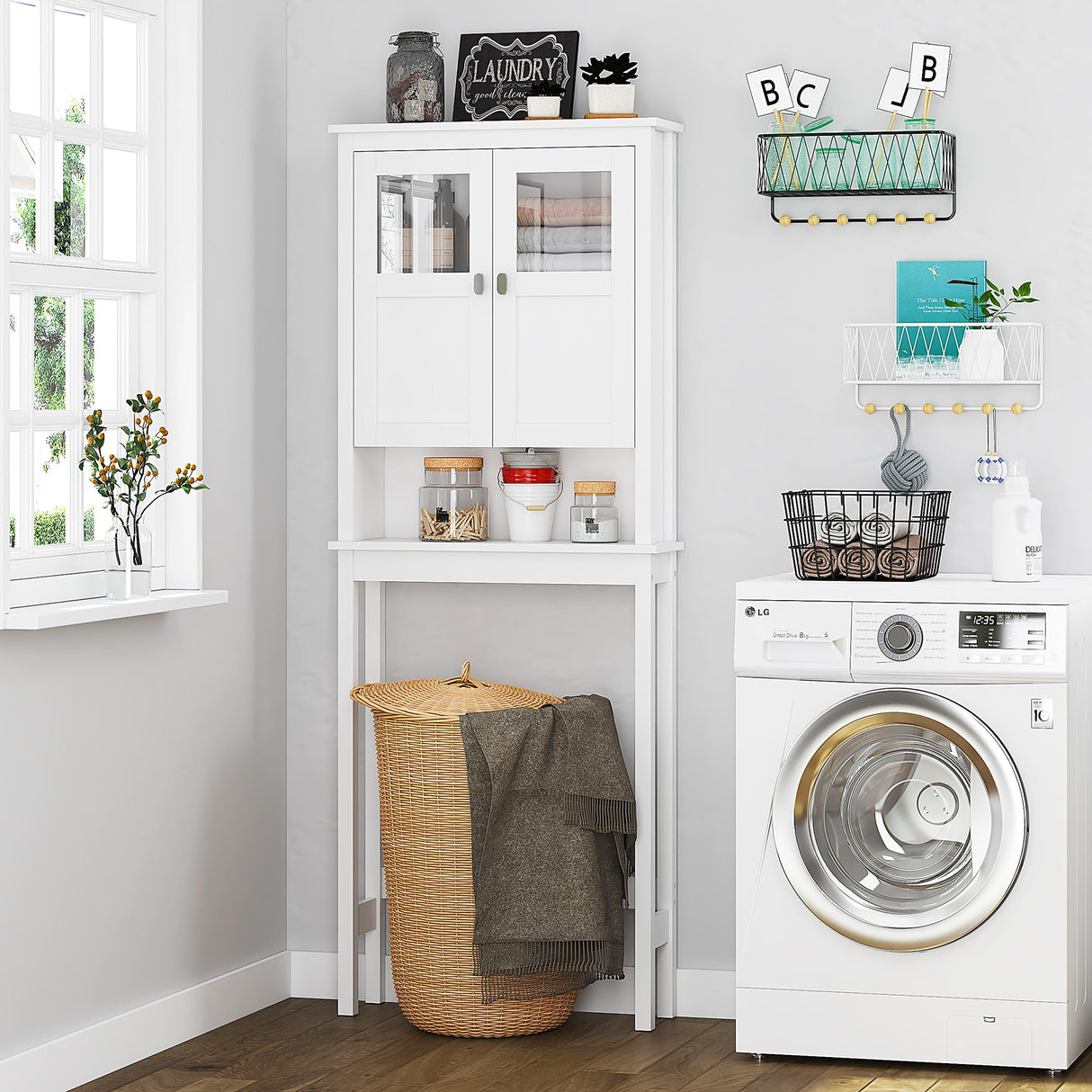 Spirich White Over Toilet Bathroom Storage Cabinet with Glass Doors and Adjustable Shelves Spirich