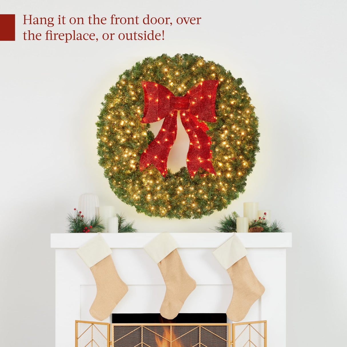 Best Choice Products 48in Large Artificial Pre-Lit Fir Christmas Wreath Holiday Accent Decoration for Door, Mantel w/Red Lighted Bow, 250 LED Lights, 714 PVC Tips, Power Plug-in Best Choice Products