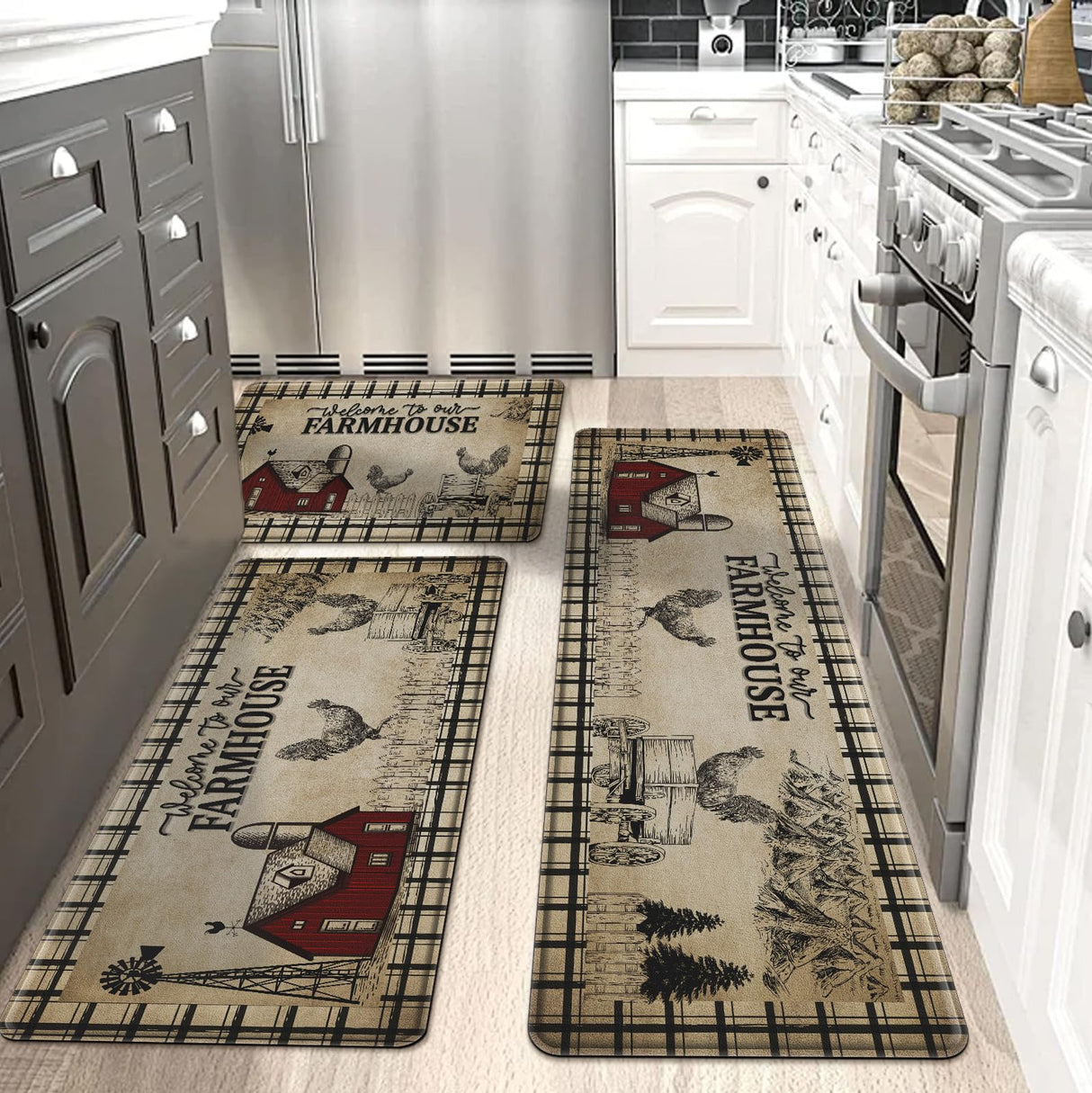 CHICNOOK PVC Farmhouse Kitchen Rugs Anti Fatigue 3 Piece, Washable Non-Skid Kitchen Mat, Farmhouse Rooster Kitchen Floor Mat, Cushioned Kitchen Floor Mats, Size 18'' x 30''+18" x 48"+18" x 60" CHICNOOK