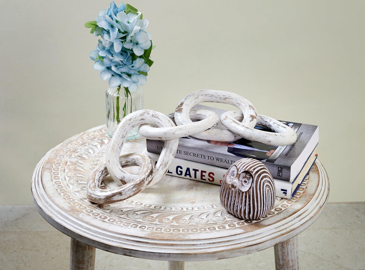 Wood Chain Link Decor Hand Carved 5-Link Wood Knot Decorative Chain, Rustic Wood Link Decorative Object Large Wooden Chain for Home Living Room Coffee Table Farmhouse White Eximious India