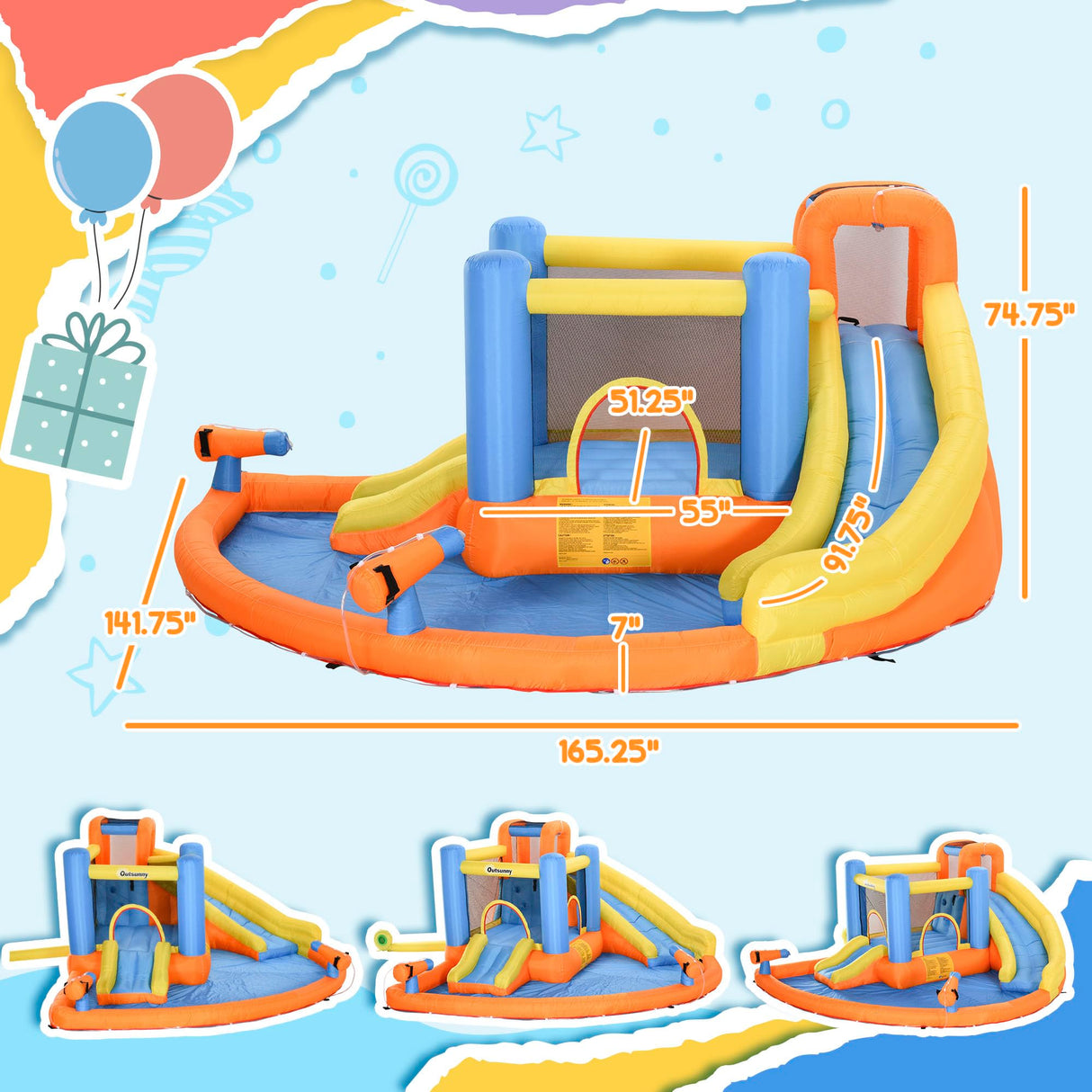 Outsunny 5-in-1 Kids Inflatable Bounce House Jumping Castle with Water Pool, Slide, Climbing Walls, & 2 Water Guns, Orange, Blue, Yellow Outsunny