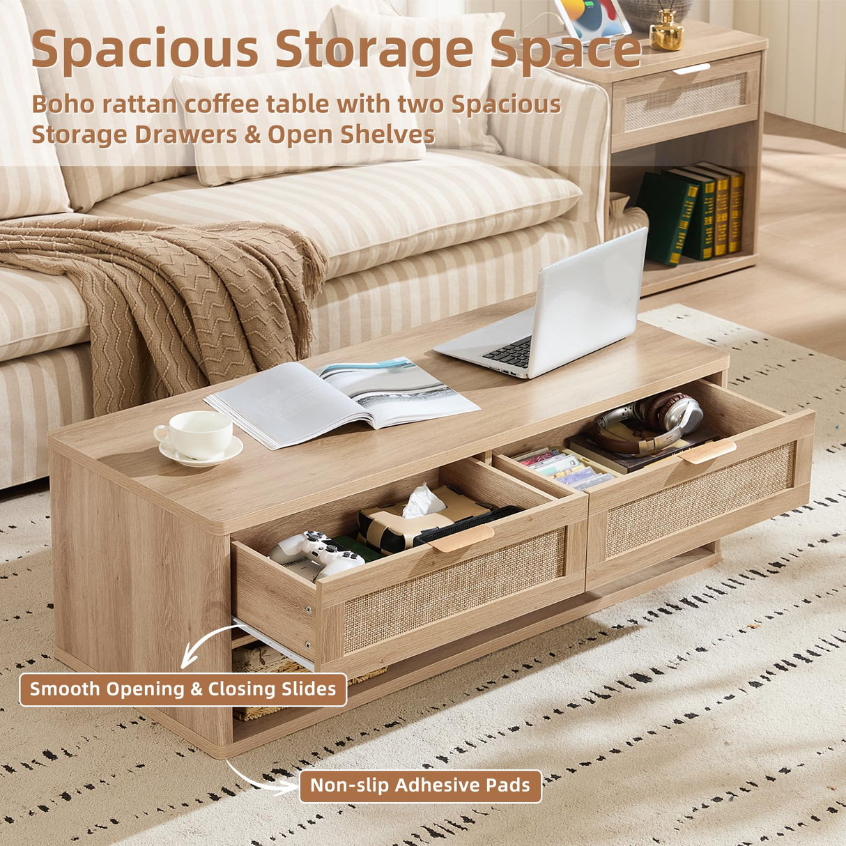 LEYAOYAO 48" Farmhouse Boho Rattan Coffee Table with 2 Woven Drawers,Rectangular Coffee Tables with Hidden Storage Compartment,Curved Profile Design,Wooden Center Table for Living Room,Natual Wood LEYAOYAO