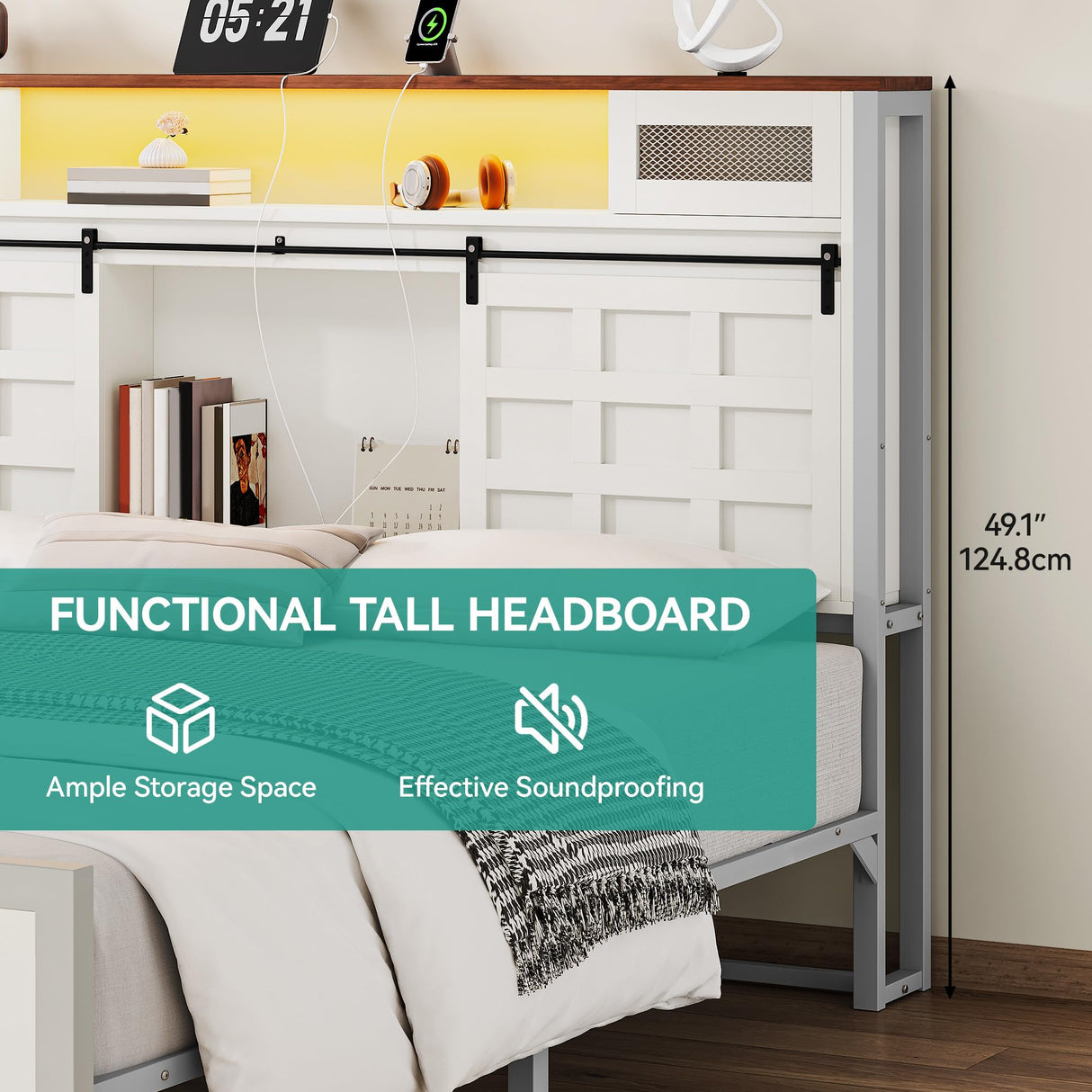 YITAHOME King Size Bed Frame Farmhouse with 49.14" Tall Storage Headboard, Charging Station & Led Light, Sliding Barn Door, Wooden Platform Bed Frame, Metal Slats Support, No Box Spring Needed, White YITAHOME