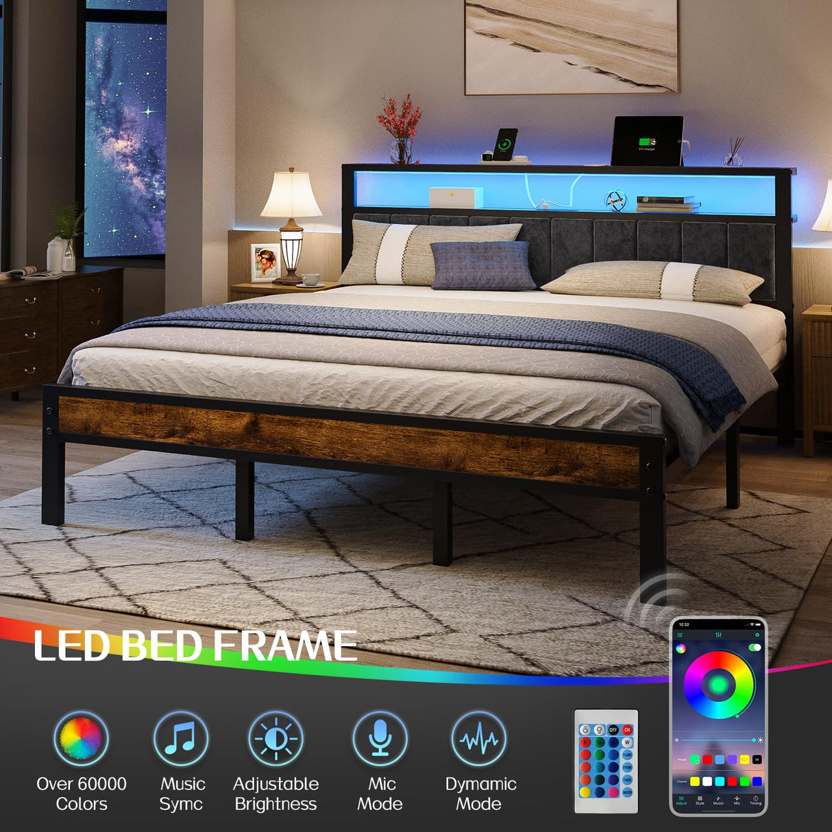 Liians King Size Platform Bed Frame with LED Lights, Grey Upholstered Headboard with 2-Tier Storage Shelves, Charging Station, Noise Free, No Box Spring Needed, Easy Assemably Liians