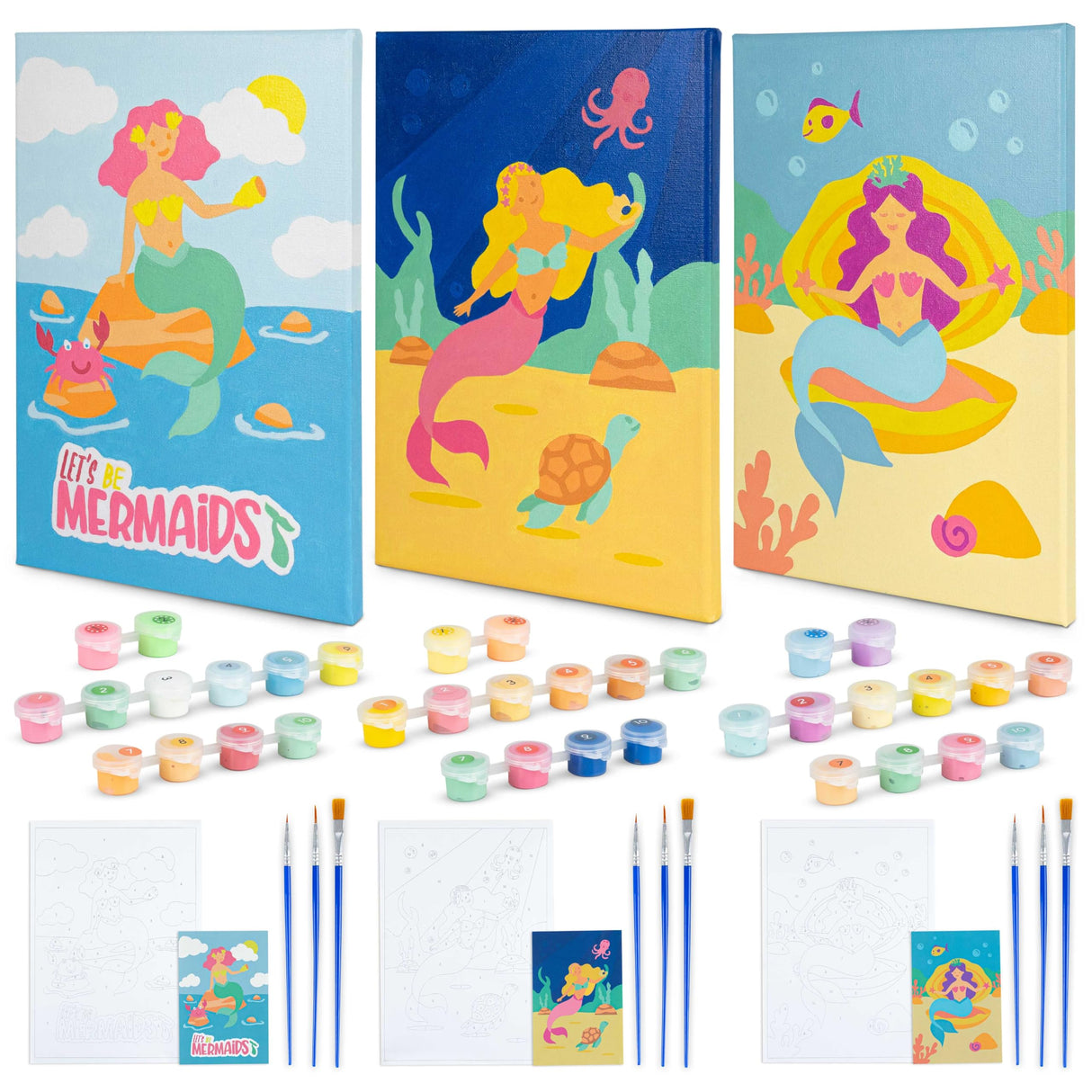 BONNYCO Paint by Numbers Kit for Kids Mermaid Pack 3 Canvas Paint by Number Canvas Framed Pre Drawn, Mermaid Gifts for Girls Painting | Arts and Kids Crafts 4-6 8-12 | Pintar por Numeros Niñas BONNYCO