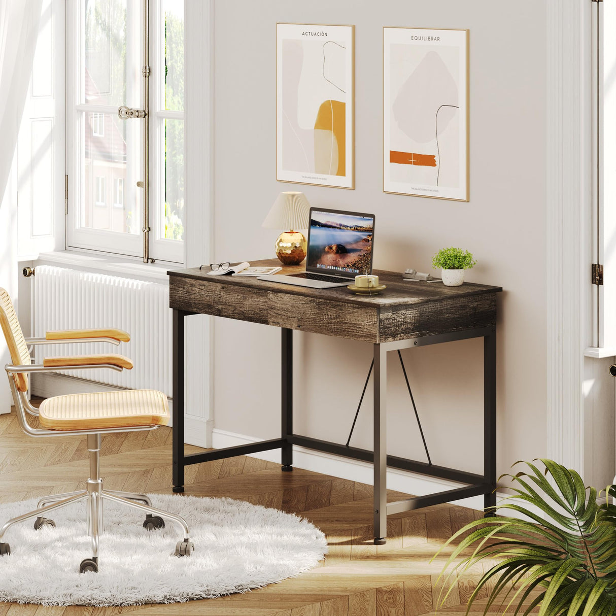Mexin Small Desk with 2 Wooden Drawers, 40 Inch Home Office Writing Desk, Vanity Desk with Storage, Computer Desk for Bedroom Small Spaces, Desk Table for Office, Kids Study, Makeup, Grey Oak Mexin