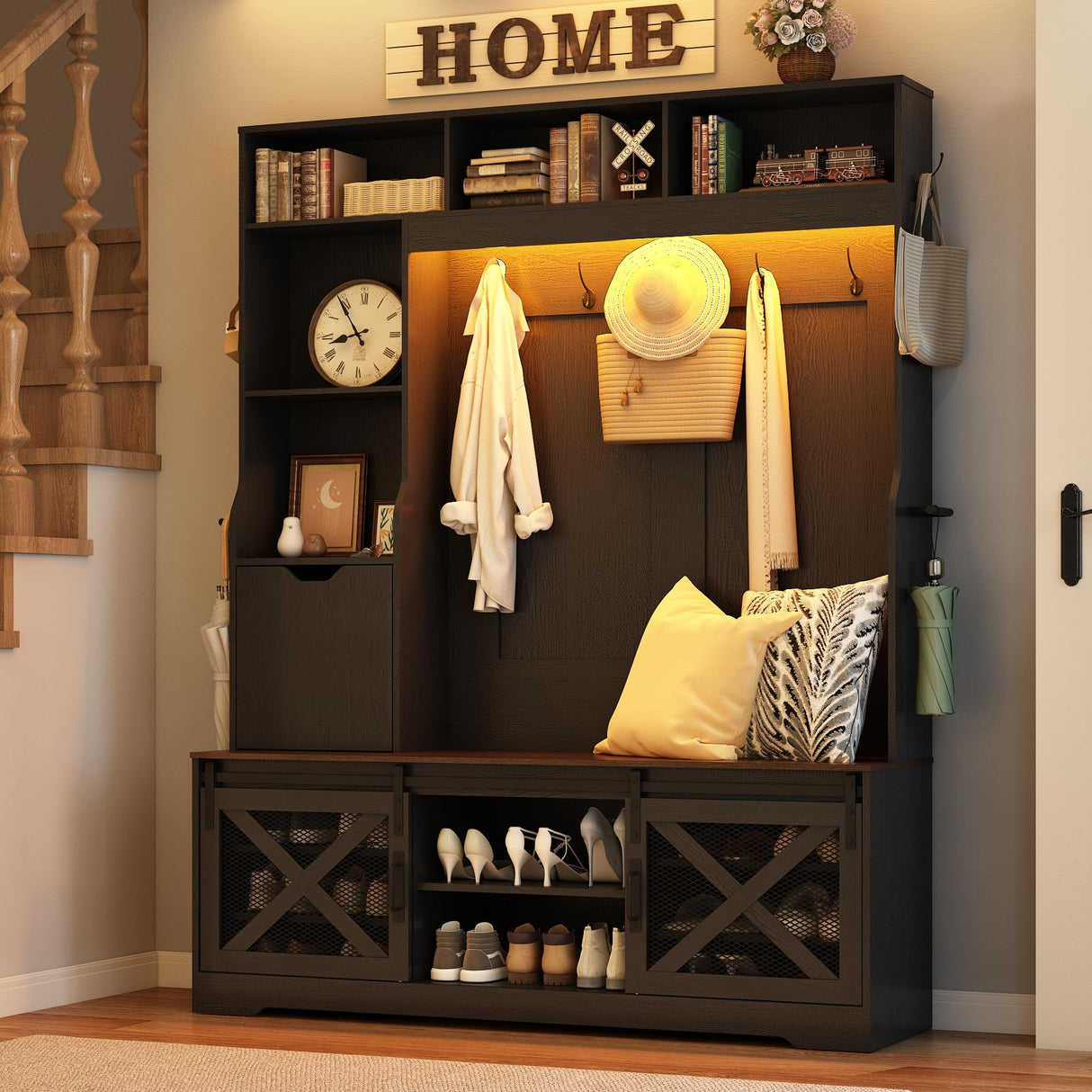 75''H LED Farmhouse Hall Tree with Bench and Shoe Storage,Entryway Bench with Coat Rack,16 Shoe Cubbies & Umbrella Holder and Sock Storage Drawer,Mudroom/Hallway Storages Cabinet(black) chartustriable