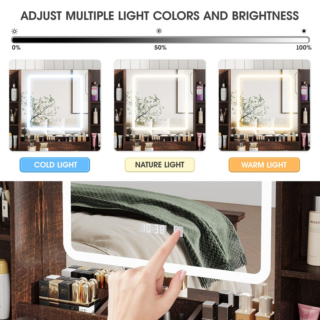 Vabches Makeup Vanity Desk, Vanity Mirror with Lights Desk and Chair,Makeup Table with 3 Large Drawers and 2 Cabinets, Time and Temperature Display, 3 LED Lighting Modes Adjustable, Brown Vabches