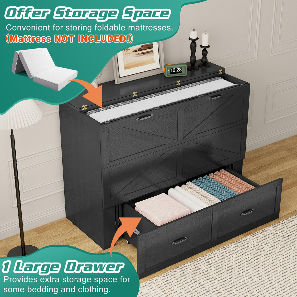 Hlivelood Full Size Murphy Chest Bed with Drawer and Charging Station, Farmhouse Wood Space-Saving Hidden Folding Bed Chest, Multifunctional Storage Cabinet Beds for Bedroom, Office, Black Hlivelood