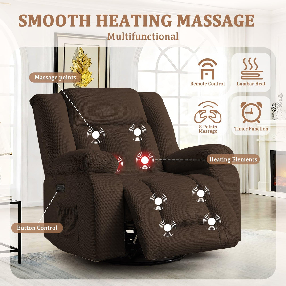 Korser Rocker Recliner Chairs for Adults, Swivel Rocking Chair with Heat and Massage, Modern Electric Recliner with Extra Wide, Waffle Fabric Massage Chair Recliner for Living Room, Bedroom Korser