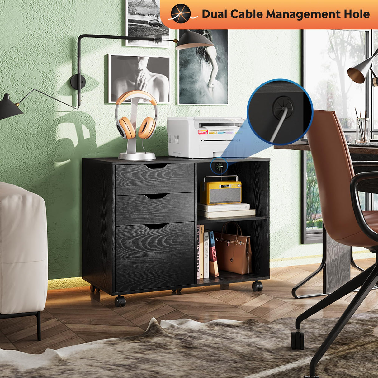 DEVAISE 3-Drawer Wood File Cabinet, Mobile Lateral Filing Cabinet, Printer Stand with Open Storage Shelves for Home Office, Black DEVAISE