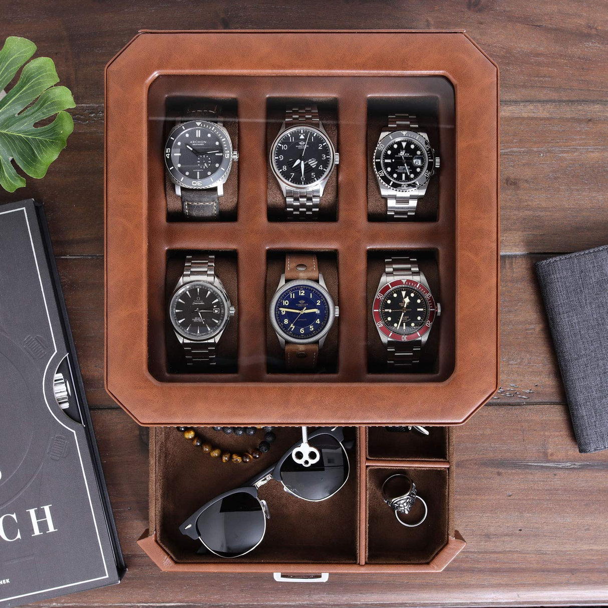 Gift Set 6 Slot Leather Watch Box with Valet Drawer - Luxury Watch Case Display Organizer, Microsuede Liner, Locking Jewelry Box, Mens Storage Boxes Holder Large Glass Top (Tan/Brown Gift Set) ROTHWELL