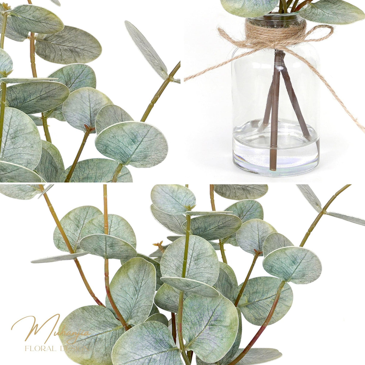 Muhanjia Artificial Eucalyptus Stems in Glass Vase with Faux Water,3Pcs Fake Plant with Double-Sided Green Leaves for Centerpiece(Double-Sided Green Eucalyptus) Muhanjia