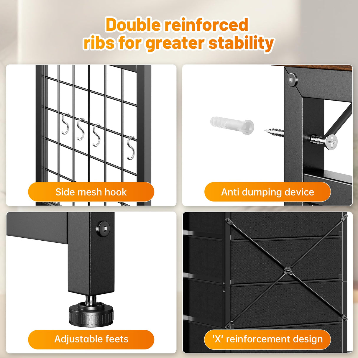 EnHomee 49.2" W Dresser with Hanging Rack & 6 Fabric Drawers – Wooden Top Organize Unit Featuring LED Lights, Charging Station & Grid Panel for Bedroom, Rustic Brown EnHomee