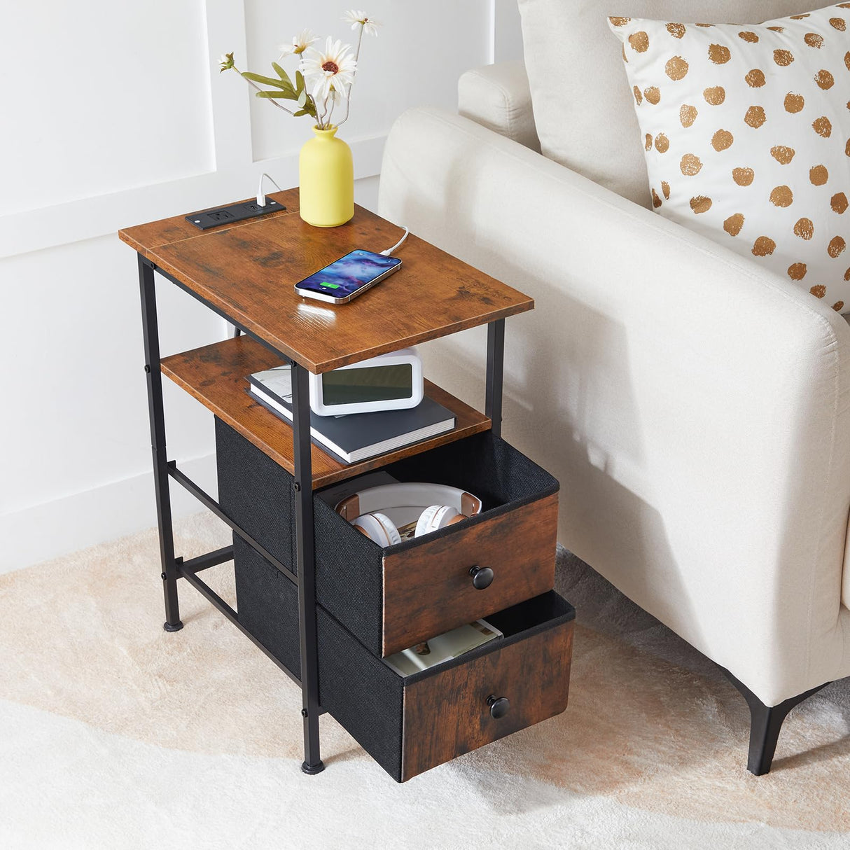 HOOBRO End Table with Charging Station, Narrow Side Table, Nightstand with 2 Non-Woven Drawers, Slim Sofa Side Table, for Small Spaces, Living Room, Bedroom, Rustic Brown and Black BF486UBZ01 HOOBRO