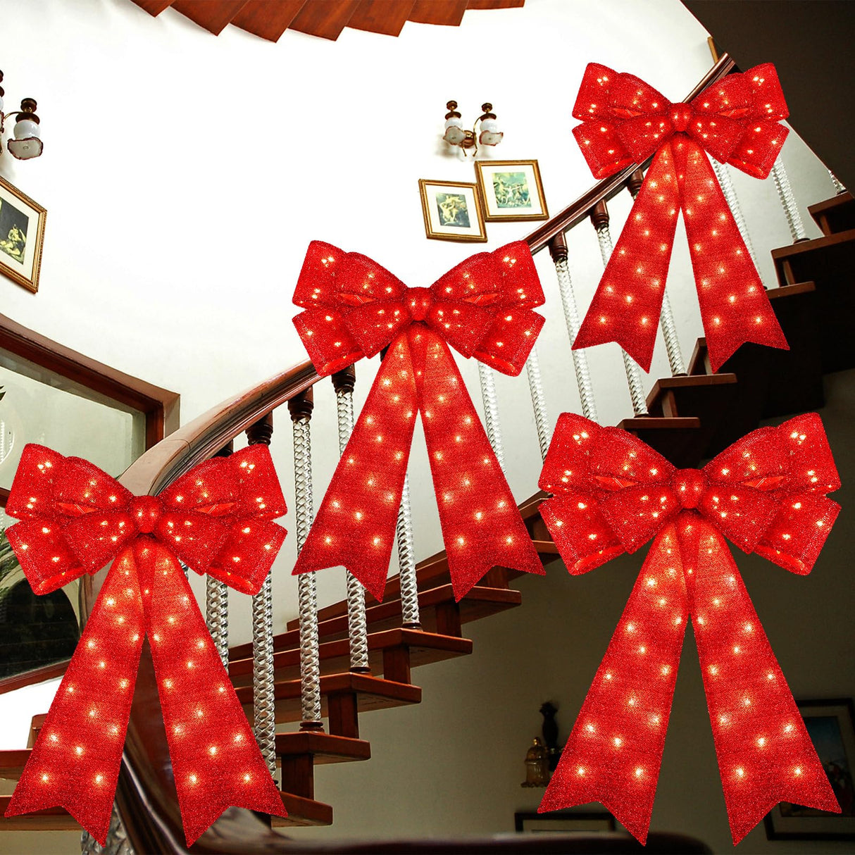 Liliful 4 Pcs 18 x 32 Inch LED Christmas Wreath Bows Extra Large Red Glitter Bows 72 LED Lights Wreath Huge Bow Door Wall Xmas Tree Topper Decor for Indoor Outdoor Winter Xmas Party Liliful