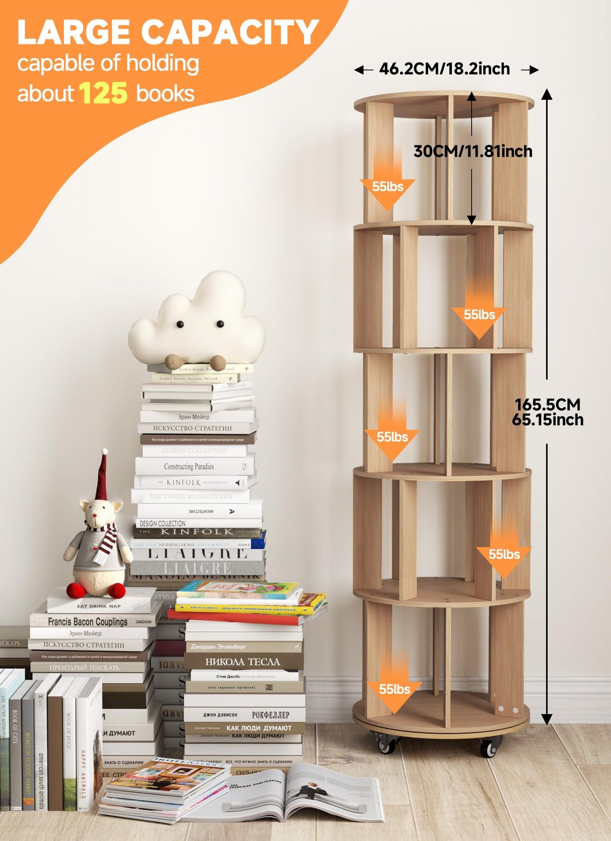 Baoz 5-Tier Rotating Bookshelf Tower, 360° Display Stackable Spinning Bookshelf with Wheels, Floor Standing Corner Revolving Bookcase, Rotating Book Shelf for Kids Rooms, Living Room, Bedroom - Wood Baoz