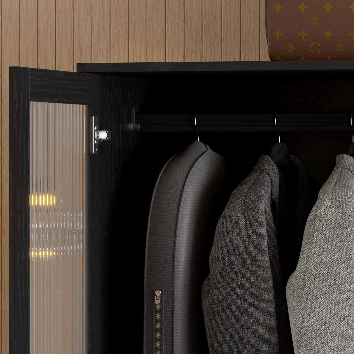 VOWNER 20“D Armoire Wardrobe Closet with Fluted Glass, 71" H Clothing Storage Cabinet with Hanging Rod, 4 Soft-Close Doors Wooden Wardrobe Cabinet for Bedroom, Large Capacity Storage Black(CCB) VOWNER