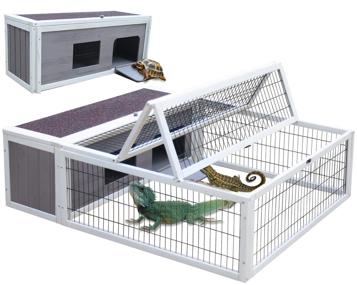Tortoise House Habitat Wooden with Waterproof Cover, Chicken Coop with Run Rabbit Hutch Small Animal Hutch Enclosure Indoor/Outdoor-Grey + White Trim Rockever