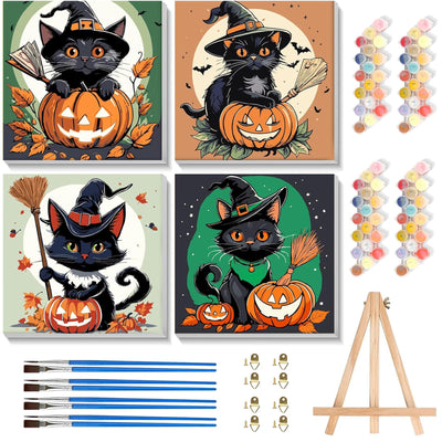 4 Pack Halloween Paint by Number for Kids with Wooden Frame, Paint by Numbers for Kids Black Cat Ages 4-8-12, Easy Pumpkin DIY Acrylic Oil Painting Kits for Home Wall Decor (8X8 inch)