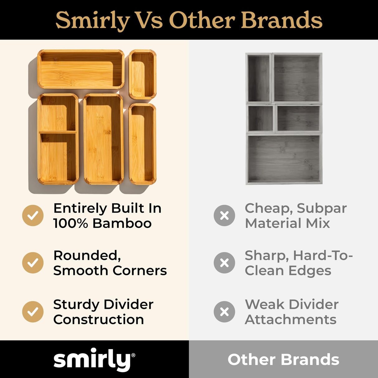 SMIRLY 5-Piece Bamboo Kitchen Drawer Organizer Set for Large and Small Utensils, Multi-use Storage Box - Bathroom, Nightstand, Jewelry, Cutlery, Knife, Spice, Towel, Junk Drawer Tray SMIRLY