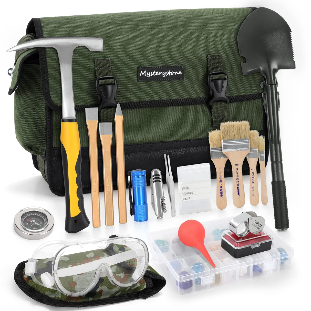 MYSTERYSTONE 23 Pieces Rock Hammer Kit for Rock Hounding, Complete Great Bundle including Steel Rock Pick Hammer,3-Pieces Heavy Duty Chisel Set,Updated Mussette Bag and Many More Mysterystone
