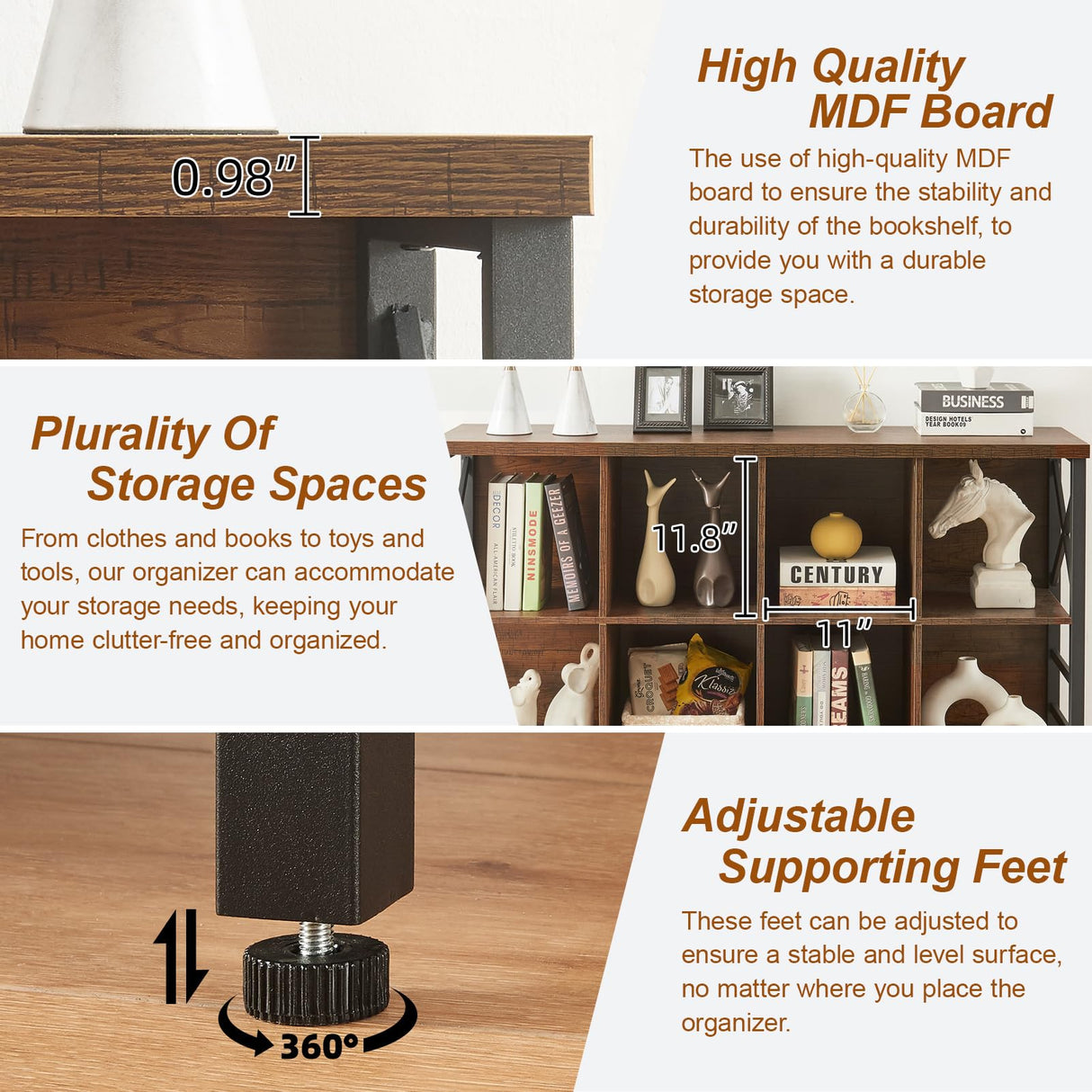 HOMBAZAAR Cube Storage Organizer Shelf, Industrial Horizontal Bookshelf with 8 Cube Storage, Rustic Low Cube Bookshelf with 3 Shelves, Short Wide Bookcase for Office,Living Room,Apartment,Brown HOMBAZAAR