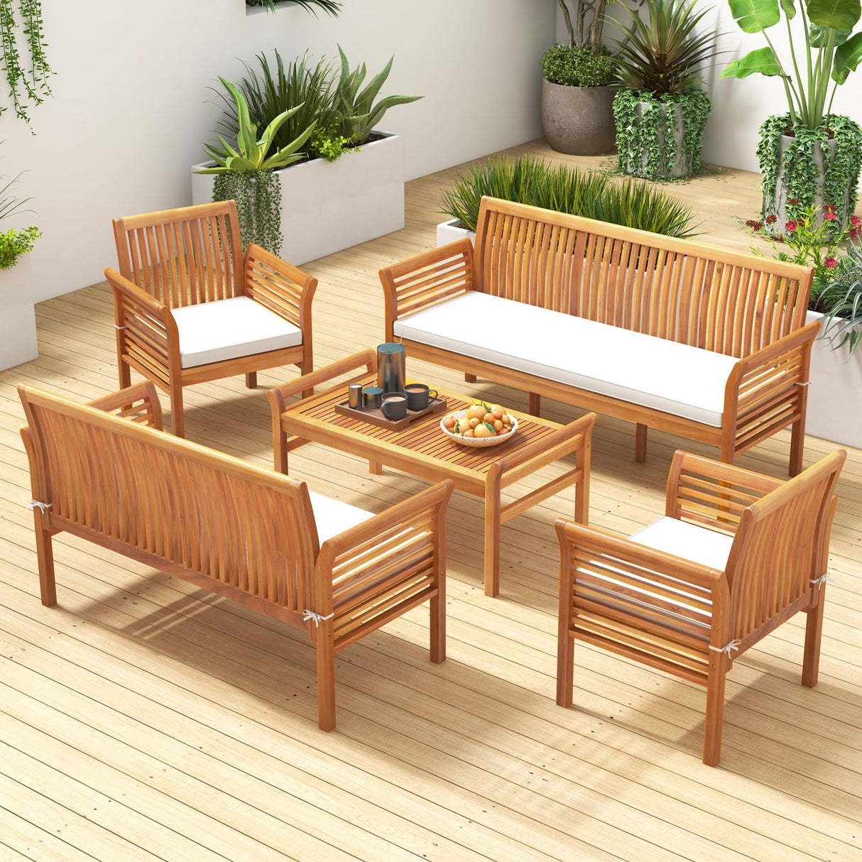 Tangkula 5 Piece Patio Furniture Set, Acacia Wood Conversation Set with 3-Seat Bench, Loveseat, 2 Armchairs & Coffee Table, Cushioned Outdoor Chair Set for Porch, Balcony (Off White) Tangkula