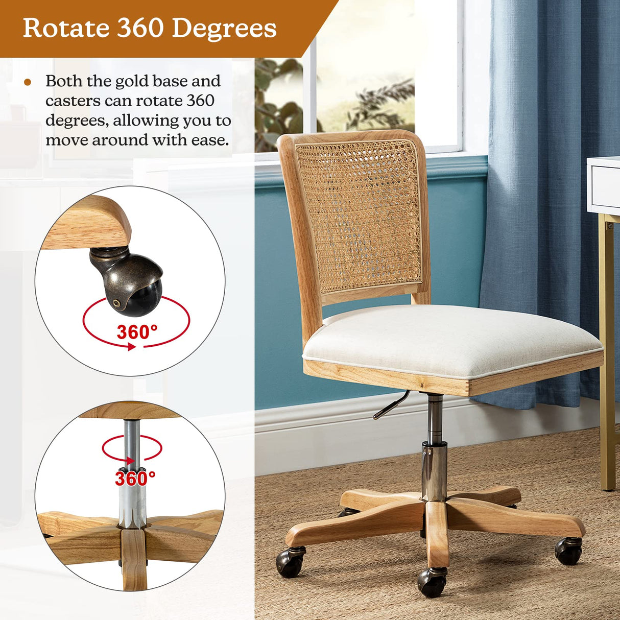 Modern Home Office Chair Comfortable Upholstered Armless Desk Chair, Adjustable Swivel Rolling Computer Chair with Rattan Mid-Back Support, Linen TINA'S HOME