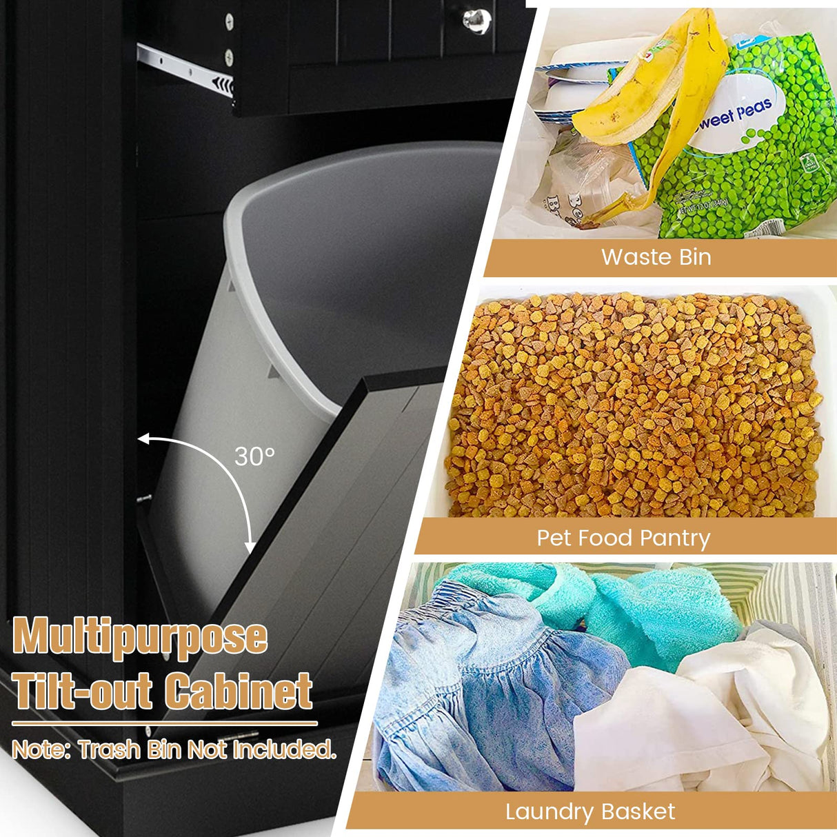 SILKYDRY Tilt-Out Trash Cabinet & Kitchen Island with Adjustable Shelf and Drawers - Black SILKYDRY