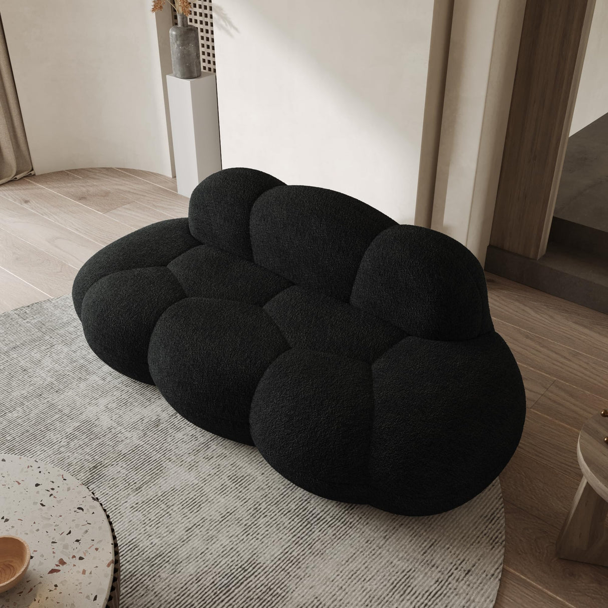 90" Modern Curved Cloud Shaped Couch for Living Room,Lazy Floor Couch, Boucle LoveSeat 3 Seater Sofa, Cozy Leisure Boneless Couches for Bedroom, Apartment-No Assembly Required (Black) WJShome