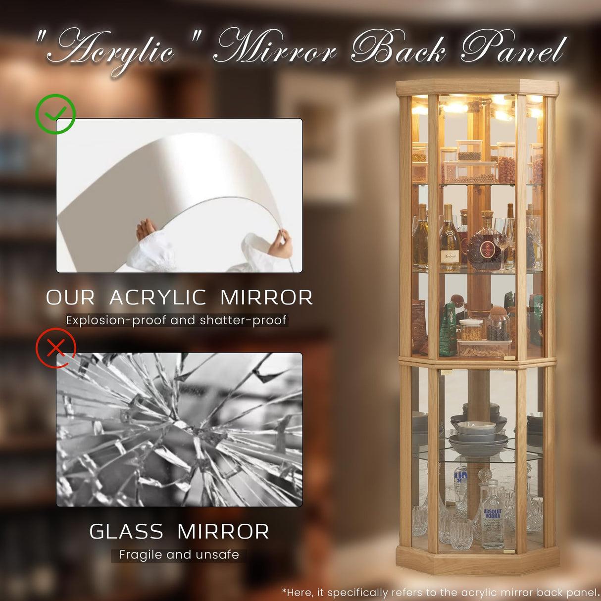 CKEASEAN Corner Curio Cabinet, 70" H Lighted Glass Display Cage with Tempered Glass Doors and 5 Adjustable Shelves, Light Bulb Inclued, Wine Bar China Cabinet for Living Room (Light Oak) CKEASEAN