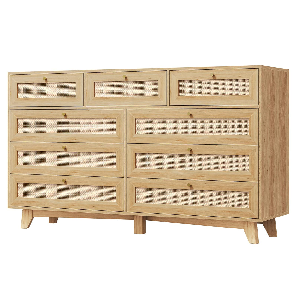 AOGLLATI Rattan Dresser for Bedroom with 9 Drawer, Modern Wooden Long Bedroom Dresser, Chest of Drawers with Metal Handle & Solid Wood Legs for Bedroom/Living Room, Wood AOGLLATI