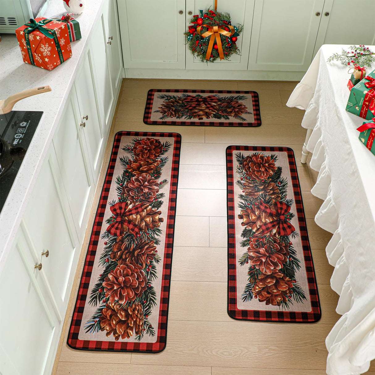 Drydiet 3 Pcs Christmas Kitchen Rugs Non Slip Winter Floor Mat for Kitchen Floor Hallway Laundry Sink and Bathroom, 20"x32" 20"x47", 20"x59"(Pinecone) Drydiet