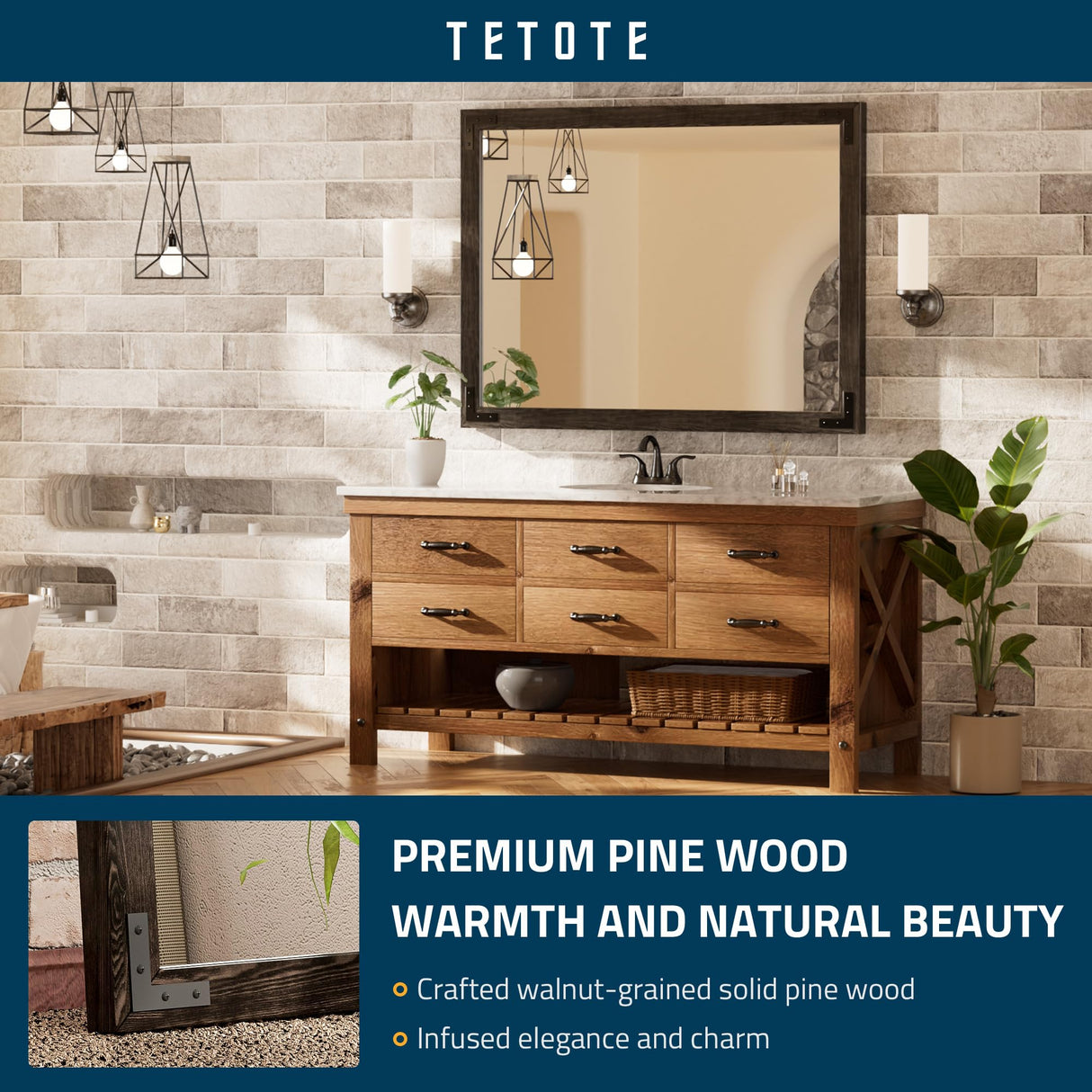 TETOTE 40 x 30 Inch Black Rustic Bathroom Wood Framed Mirror for Over Sink, Farmhouse Natural Dark Black Wooden Rectangle Decorative Wall Mirror, Horizontal/Vertical, Easy to Install TETOTE